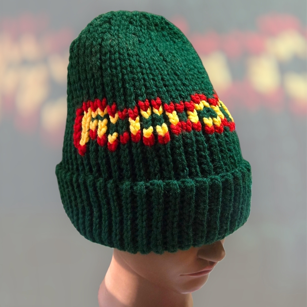 "ROOTS" BHM, Knit-look 90s beanie, Handmade By Me, Hand Embroidery, Ask OFFER